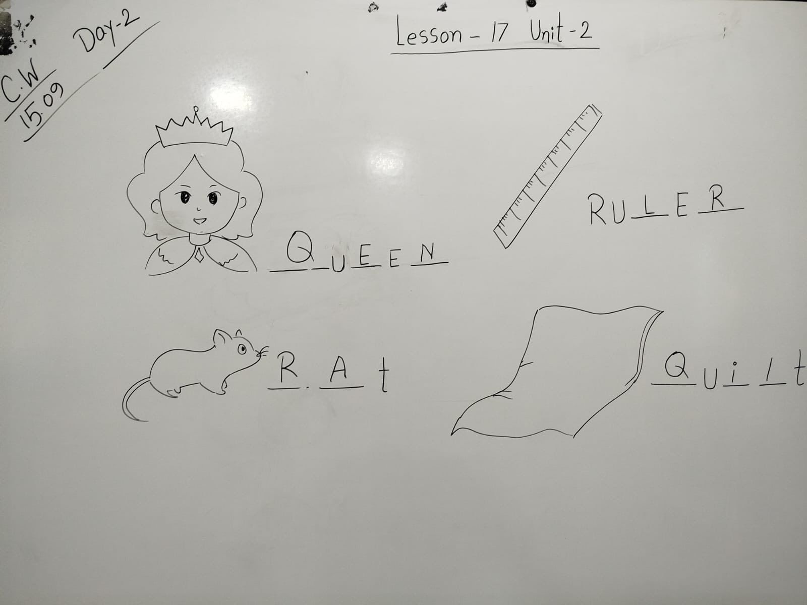 English Lesson Board Work - Queen, Rat, Quilt